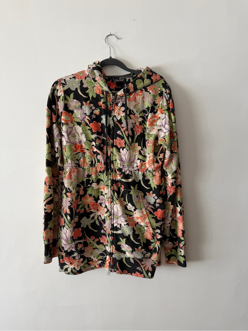 Lucky Brand Black Floral Zip Hoodie with Coral and Green Accents M